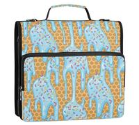 Waassud Blue Ice Cream Waffle Zipper Binder 3 Ring with Shoulder Strap and Handle 1.5 Inch D-Ring 500 Sheets Expanding File Folder Organizer