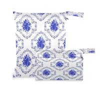 Waassud Blue Vintage Floral Wet Dry Bag Reusable Wet Bags Organizer Diaper Bag Organizing Pouches with 2 Zippered Pockets for Swimsuit Gym Clothes
