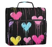 Waassud Bold Neon Hearts Zipper Binder 3 Ring with Shoulder Strap and Handle 1.5 Inch D-Ring 500 Sheets Expanding File Folder Organizer