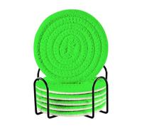 Waassud Bright Green Coasters Set of 6 with Holder, 10cm Round Absorbent Coasters for Drinks, Woven Coaster Pads for Table Protection, Kitchen, Office, Desk