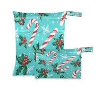 Waassud Candy Cane and Holly Leaves Wet Dry Bag Reusable Wet Bags Organizer Diaper Bag Organizing Pouches with 2 Zippered Pockets for Swimsuit Gym Clothes