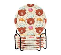 Waassud Cartoon Bear with Hats Coasters Set of 6 with Holder, 10cm Round Absorbent Coasters for Drinks, Woven Coaster Pads for Table Protection, Kitchen, Office, Desk