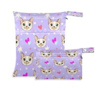 Waassud Cat Faces with Hearts Wet Dry Bag Reusable Wet Bags Organizer Diaper Bag Organizing Pouches with 2 Zippered Pockets for Swimsuit Gym Clothes