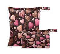 Waassud Chocolate Heart Shape Pattern Wet Dry Bag Reusable Wet Bags Organizer Diaper Bag Organizing Pouches with 2 Zippered Pockets for Swimsuit Gym Clothes