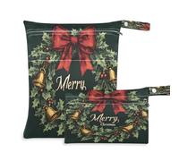 Waassud Christmas Wreath with Holly Leaves Wet Dry Bag Reusable Wet Bags Organizer Diaper Bag Organizing Pouches with 2 Zippered Pockets for Swimsuit Gym Clothes