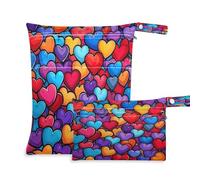 Waassud Colorful Heart Shape Wet Dry Bag Reusable Wet Bags Organizer Diaper Bag Organizing Pouches with 2 Zippered Pockets for Swimsuit Gym Clothes