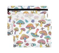 Waassud Colorful Neon Mushrooms Pencil Pouch for 3 Ring Binder 2-Pack Clear Pen Case with Reinforced Holes Smooth Zipper Waterproof School Office Supplies Organizer