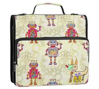 Waassud Colorful Robots Zipper Binder 3 Ring with Shoulder Strap and Handle 1.5 Inch D-Ring 500 Sheets Expanding File Folder Organizer