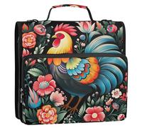 Waassud Colorful Rooster Zipper Binder 3 Ring with Shoulder Strap and Handle 1.5 Inch D-Ring 500 Sheets Expanding File Folder Organizer