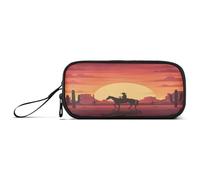 Waassud Cowboy Sunset Scene Pencil Case Large Capacity Pen Holder 3 Compartment Stationery Pen Bag Nylon Zipper Pouch for Office Artist