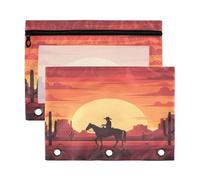 Waassud Cowboy Sunset Scene Pencil Pouch for 3 Ring Binder 2-Pack Clear Pen Case with Reinforced Holes Smooth Zipper Waterproof School Office Supplies Organizer