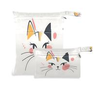 Waassud Cute Cat Face Wet Dry Bag Reusable Wet Bags Organizer Diaper Bag Organizing Pouches with 2 Zippered Pockets for Swimsuit Gym Clothes
