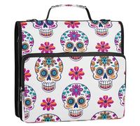 Waassud Cute Sugar Skulls Zipper Binder 3 Ring with Shoulder Strap and Handle 1.5 Inch D-Ring 500 Sheets Expanding File Folder Organizer