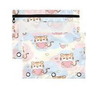 Waassud Cute Tiger Hearts Pencil Pouch for 3 Ring Binder 2-Pack Clear Pen Case with Reinforced Holes Smooth Zipper Waterproof School Office Supplies Organizer