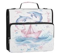 Waassud Dolphins and Boats Zipper Binder 3 Ring with Shoulder Strap and Handle 1.5 Inch D-Ring 500 Sheets Expanding File Folder Organizer