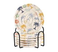 Waassud Dolphins Palm Trees Coasters Set of 6 with Holder, 10cm Round Absorbent Coasters for Drinks, Woven Coaster Pads for Table Protection, Kitchen, Office, Desk