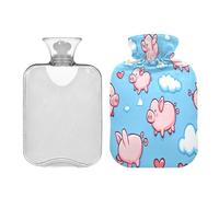 Waassud Flying Pig Pattern Hot Water Bottle with Soft Cover Hot Water Bag for Pain Relief 2L Water Heating Pad for Neck Shoulder Small