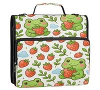 Waassud Frogs with Strawberries Zipper Binder 3 Ring with Shoulder Strap and Handle 1.5 Inch D-Ring 500 Sheets Expanding File Folder Organizer