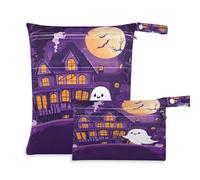 Waassud Funny Haunted House Wet Dry Bag Reusable Wet Bags Organizer Diaper Bag Organizing Pouches with 2 Zippered Pockets for Swimsuit Gym Clothes