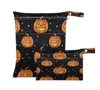 Waassud Halloween Pumpkin Patterns Wet Dry Bag Reusable Wet Bags Organizer Diaper Bag Organizing Pouches with 2 Zippered Pockets for Swimsuit Gym Clothes