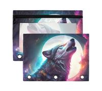 Waassud Howling Wolf Pencil Pouch for 3 Ring Binder 2-Pack Clear Pen Case with Reinforced Holes Smooth Zipper Waterproof School Office Supplies Organizer