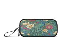 Waassud Majestic Peacock Floral Pencil Case Large Capacity Pen Holder 3 Compartment Stationery Pen Bag Nylon Zipper Pouch for Office Artist