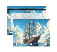 Waassud Majestic Sailing Ship Pencil Pouch for 3 Ring Binder 2-Pack Clear Pen Case with Reinforced Holes Smooth Zipper Waterproof School Office Supplies Organizer