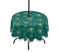 Waassud Peacock Feather Outdoor Tablecloth with Umbrella Hole Round Table Cloths 60 Inch with Zipper Spillproof Tablecloth with Parasol Hole