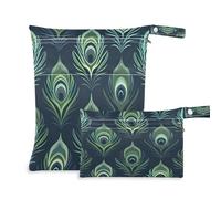 Waassud Peacock Feathers Wet Dry Bag Reusable Wet Bags Organizer Diaper Bag Organizing Pouches with 2 Zippered Pockets for Swimsuit Gym Clothes