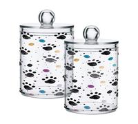 Waassud Qtip Holder Dispenser Black Paw Prints (2) Bathroom Storage Canister with Lid Clear Plastic Apothecary Cotton Swab Ball Round Pads Floss Jar Set 2 Pack