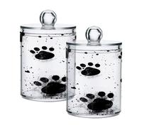 Waassud Qtip Holder Dispenser Black Paw Prints Bathroom Storage Canister with Lid Clear Plastic Apothecary Cotton Swab Ball Round Pads Floss Jar Set 4 Pack