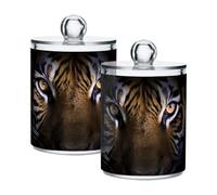 Waassud Qtip Holder Dispenser Black Tiger Head Bathroom Storage Canister with Lid Clear Plastic Apothecary Cotton Swab Ball Round Pads Floss Jar Set 4 Pack