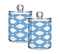 Waassud Qtip Holder Dispenser Blue Diamond Hearts 4 Pack Bathroom Canisters | Bathroom Storage Containers with Lid, Clear Plastic Apothecary Jars Set, Cotton Swab Ball Round Pads Floss Holder
