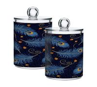 Waassud Qtip Holder Dispenser Blue Peacock Feathers Bathroom Storage Canister with Lid Clear Plastic Apothecary Cotton Swab Ball Round Pads Floss Jar Set 2 Pack