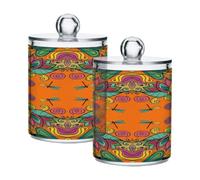 Waassud Qtip Holder Dispenser Boho Floral Doodle Pattern Bathroom Storage Canister with Lid Clear Plastic Apothecary Cotton Swab Ball Round Pads Floss Jar Set 2 Pack