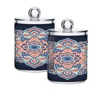 Waassud Qtip Holder Dispenser Boho Mandala Bathroom Storage Canister with Lid Clear Plastic Apothecary Cotton Swab Ball Round Pads Floss Jar Set 4 Pack