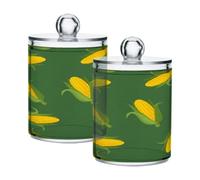 Waassud Qtip Holder Dispenser Bright Yellow Corn Cobs Bathroom Storage Canister with Lid Clear Plastic Apothecary Cotton Swab Ball Round Pads Floss Jar Set 2 Pack