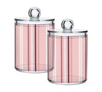 Waassud Qtip Holder Dispenser Candy Stripes Bathroom Storage Canister with Lid Clear Plastic Apothecary Cotton Swab Ball Round Pads Floss Jar Set 2 Pack