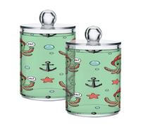 Waassud Qtip Holder Dispenser Cartoon Green Octopus Bathroom Storage Canister with Lid Clear Plastic Apothecary Cotton Swab Ball Round Pads Floss Jar Set 2 Pack