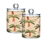 Waassud Qtip Holder Dispenser Doodle Palm Trees Bathroom Storage Canister with Lid Clear Plastic Apothecary Cotton Swab Ball Round Pads Floss Jar Set 2 Pack