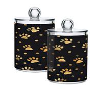 Waassud Qtip Holder Dispenser Gold Paw Prints Bathroom Storage Canister with Lid Clear Plastic Apothecary Cotton Swab Ball Round Pads Floss Jar Set 2 Pack