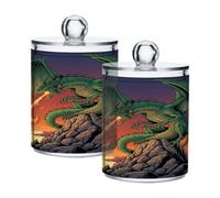 Waassud Qtip Holder Dispenser Green Dragon Fire Bathroom Storage Canister with Lid Clear Plastic Apothecary Cotton Swab Ball Round Pads Floss Jar Set 2 Pack