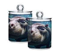 Waassud Qtip Holder Dispenser Hippo Underwater Bathroom Storage Canister with Lid Clear Plastic Apothecary Cotton Swab Ball Round Pads Floss Jar Set 4 Pack
