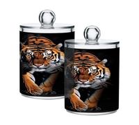 Waassud Qtip Holder Dispenser Menacing Tiger Bathroom Storage Canister with Lid Clear Plastic Apothecary Cotton Swab Ball Round Pads Floss Jar Set 2 Pack