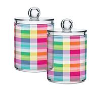 Waassud Qtip Holder Dispenser Multicolor Plaid Bathroom Storage Canister with Lid Clear Plastic Apothecary Cotton Swab Ball Round Pads Floss Jar Set 4 Pack