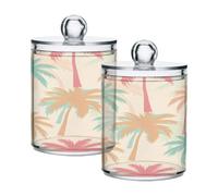 Waassud Qtip Holder Dispenser Pastel Palm Tree Bathroom Storage Canister with Lid Clear Plastic Apothecary Cotton Swab Ball Round Pads Floss Jar Set 4 Pack