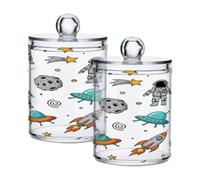 Waassud Qtip Holder Dispenser Playful Astronauts Bathroom Storage Canister with Lid Clear Plastic Apothecary Cotton Swab Ball Round Pads Floss Jar Set 4 Pack