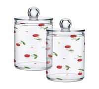 Waassud Qtip Holder Dispenser Simple Red Cherry Bathroom Storage Canister with Lid Clear Plastic Apothecary Cotton Swab Ball Round Pads Floss Jar Set 2 Pack