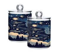 Waassud Qtip Holder Dispenser Stars and Moon with Clouds Bathroom Storage Canister with Lid Clear Plastic Apothecary Cotton Swab Ball Round Pads Floss Jar Set 2 Pack