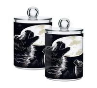 Waassud Qtip Holder Dispenser The Howling Wolf Bathroom Storage Canister with Lid Clear Plastic Apothecary Cotton Swab Ball Round Pads Floss Jar Set 2 Pack